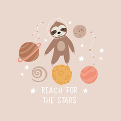 Wall Mural - Space adventure sloth. Cartoon bear, hand drawing lettering, decor elements. Pastel vector illustration for kids. Scandinavian flat style. baby design for cards, posters, t-shirt print.