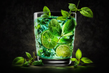 Sticker - Mojito with lime and mint leaves on black background. Generative AI.