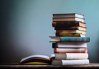 Wall Mural - Stack of books on table next to an open book. Generative AI.