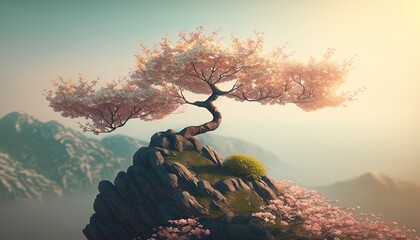 Wall Mural - cherry blossom tree on highest peak with nature landscape from above, Generative Ai