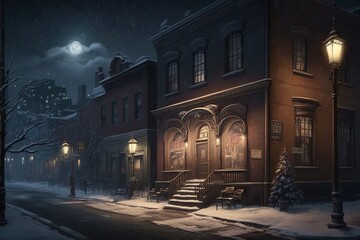 Poster - City street at night, city landscape with houses and sky, snow-covered streets.Generative AI