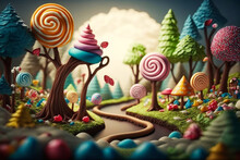 An Image Of Candy Forest With Lollipops And Trees. Generative AI.