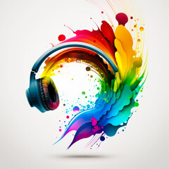 Sticker - Headphones with colorful splashes on white background. Generative AI.