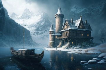 Poster - A magical picture of a castle on top of a mountain at a river pier with a boat on a winter day with falling snow.Generative AI