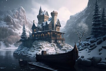 Poster - A magical picture of a castle on top of a mountain at a river pier with a boat on a winter day with falling snow.Generative AI