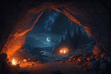 Poster - Night landscape in the mountains with a campfire, a tourist place to stay overnight.Generative AI