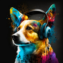 Sticker - Portrait of dog wearing headphones on black background. Generative AI.