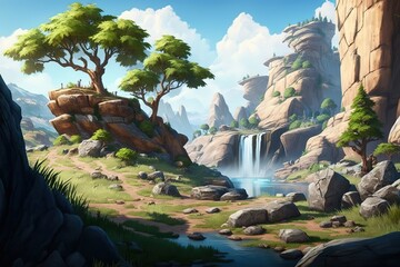 Aufkleber - Futuristic landscape, background with green tree, waterfall, rocks and grass on a mountain cliff under a blue sky.Generative AI