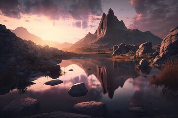 Poster - A fantastic sunset in a picturesque mountain landscape, a view of nature, against a beautiful pink or purple cloudy sky.Generative AI