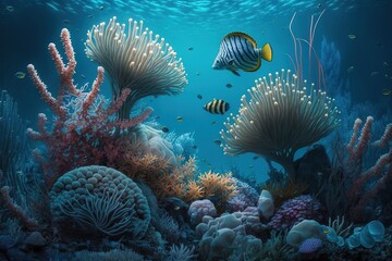 Poster - Underwater seascape with marine plants and fish, with algae.Generative AI