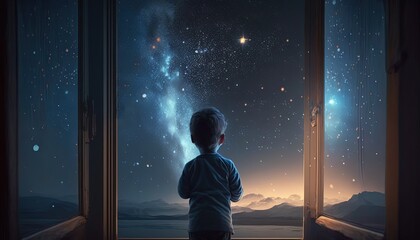 Wall Mural - a kid watching out at big window open to galaxy sky, midnight time, idea for imagination and dream concept, Generative Ai	
