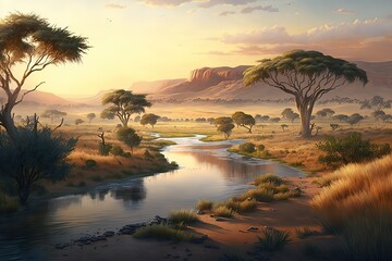 Poster - A fantastic picture of a wild river, acacia trees and mountains on the horizon.Generative AI