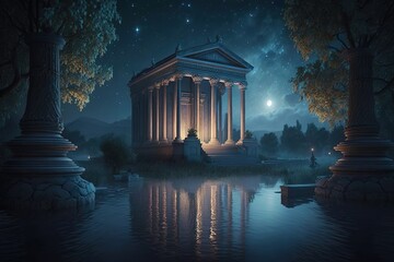 Poster - Ancient architecture night landscape the building of an ancient temple with columns.Generative AI