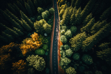 Sticker - An aerial view of road in the middle of forest. Generative AI.