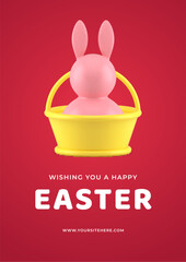 Poster - Happy Easter rabbit in festive basket surprise 3d greeting card design template realistic vector illustration