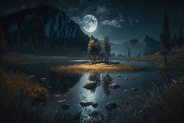 Poster - Night landscape, full moon reflected in the lake, fantastic forest and mountains.Generative AI