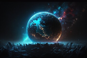 Poster - A cosmic landscape, a view of the planets from a close distance, life on an unknown planet.Generative AI