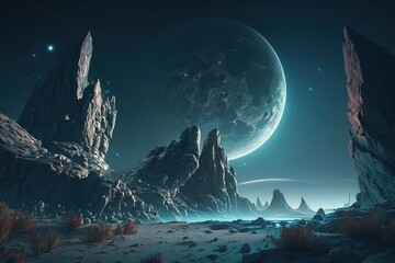 Poster - A cosmic landscape, a view of the planets from a close distance, life on an unknown planet.Generative AI