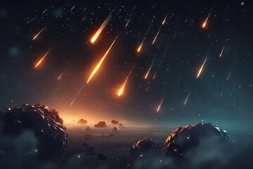 Poster - A fantastic picture of a meteor shower, a fiery meteorite, a meteor at speed.Generative AI