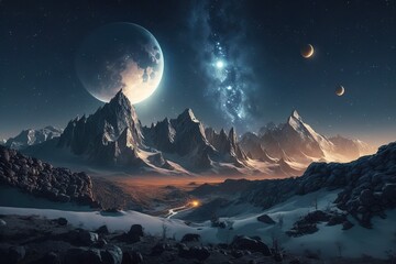 Poster - A cosmic landscape, a view of the planets from a close distance, life on an unknown planet.Generative AI