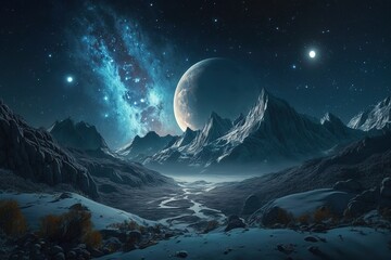 Aufkleber - A cosmic landscape, a view of the planets from a close distance, life on an unknown planet.Generative AI