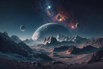Aufkleber - A cosmic landscape, a view of the planets from a close distance, life on an unknown planet.Generative AI