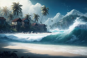 Poster - A fantastic picture of a tsunami wave on a tropical beach with cottages and palm trees.Generative AI