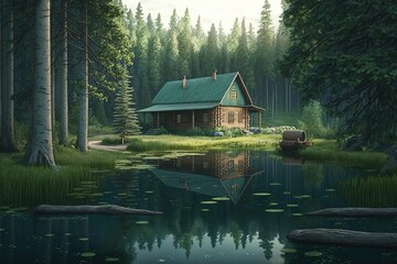 Poster - Illustration of a summer forest landscape with a forester's cottage in a clearing, green grass and shrubs.Generative AI