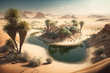 Wall Mural - A desert landscape with sand dunes and an oasis with a lake or pond and palm trees.Generative AI