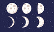 Cute cartoon moon phase collection vector illustration. Whole cycle from new moon to full moon