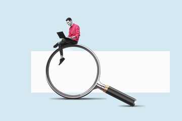 a man with a laptop is sitting on a big magnifying glass. art collage. searching for information on 