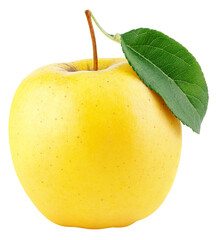 Wall Mural - Yellow apple fruit with green leaf isolated on transparent background. Golden apple
