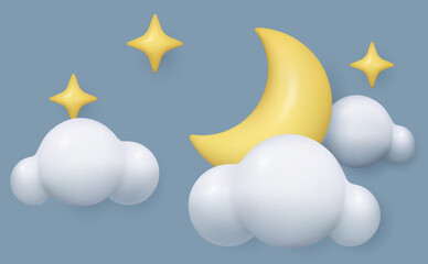 3d cloud moon stars realistic night weather icon plastic three dimensional toy vector illustration