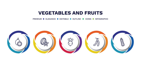 set of vegetables and fruits thin line icons. vegetables and fruits outline icons with infographic template. linear icons such as passion fruit, carambola, radish, tamarind, courgette vector.