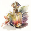beautiful watercolour flacon with colourful leaves around it, perfume concept - Generative AI