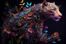Leopard With Colorful Flowers On Body On Dark Background