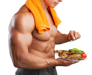 Sticker - A young man muscular holds meat, diet healthy concept