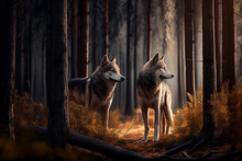 Two Wolfs In A Forest With Dark Background