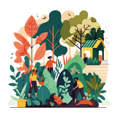 Wall Mural - World environment day with people are taking care of the earth by gardening and cleaning save planet. Flat style vector illustration.