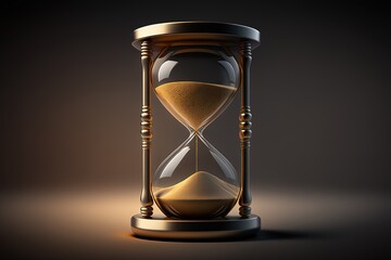 Golden hourglass illustration, dark background, time concept. Generative AI