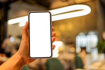 Women's hands holding cell telephone blank copy space screen. smartphone with blank white screen isolated on white background . smart phone with technology concept