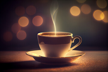 A cup of hot coffee on a blurred background with highlights. AI generated.