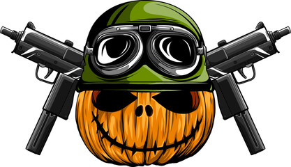 Sticker - carved halloween pumpkin wearing military helmet