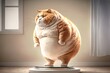 Fat Cat standing on the scales in a bright room. AI generated
