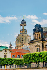 Wall Mural - Church of Our Lady at Neumarkt square in downtown of Dresden in summer sunny day with blue sky, Germany, details, closeup.