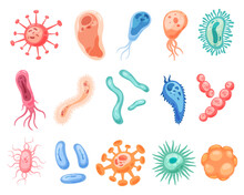Bacteria And Microorganisms Of Various Shapes And Colors In A Cartoon Style. Viruses That Cause Diseases. Vector Illustration