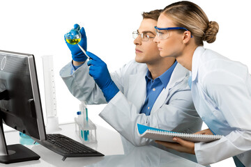 Wall Mural - Two scientists conducting research isolated on white background