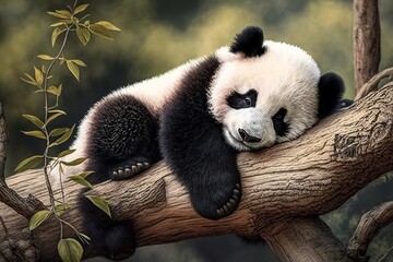 The giant panda, Ailuropoda melanoleuca, sitting upright on a rock in the mountains, eating bamboo, AI generated