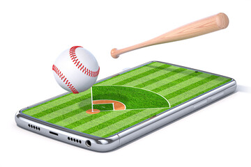 Baseball smartphone online video game app. Mobile phone with a baseball field on a screen with baseball ball and bat.