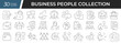 Business people linear icons set. Collection of 30 icons in black